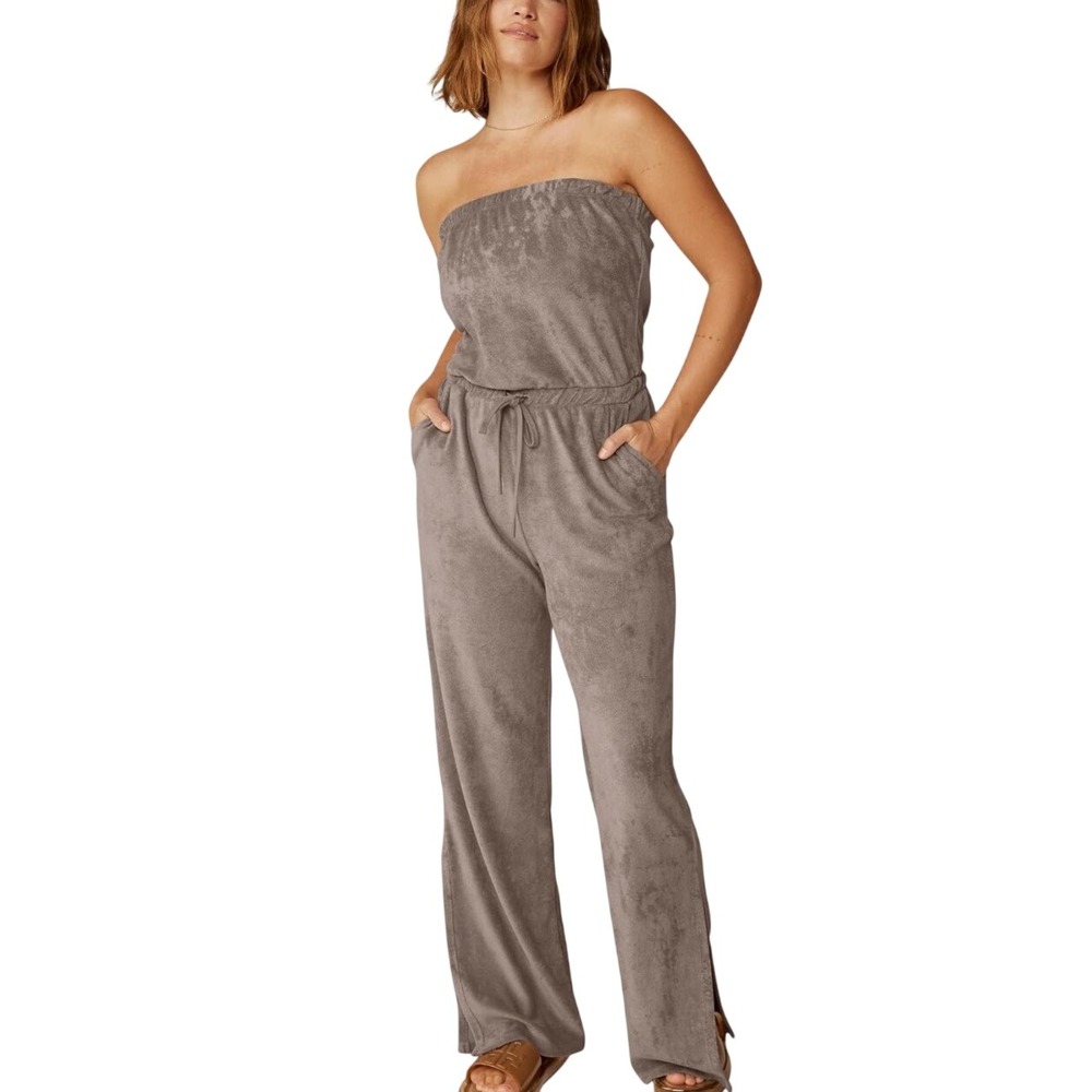 Beyond Yoga Terry Cloth Strapless Jumpsuit Taupe Brown Wide Leg Drawstring Small